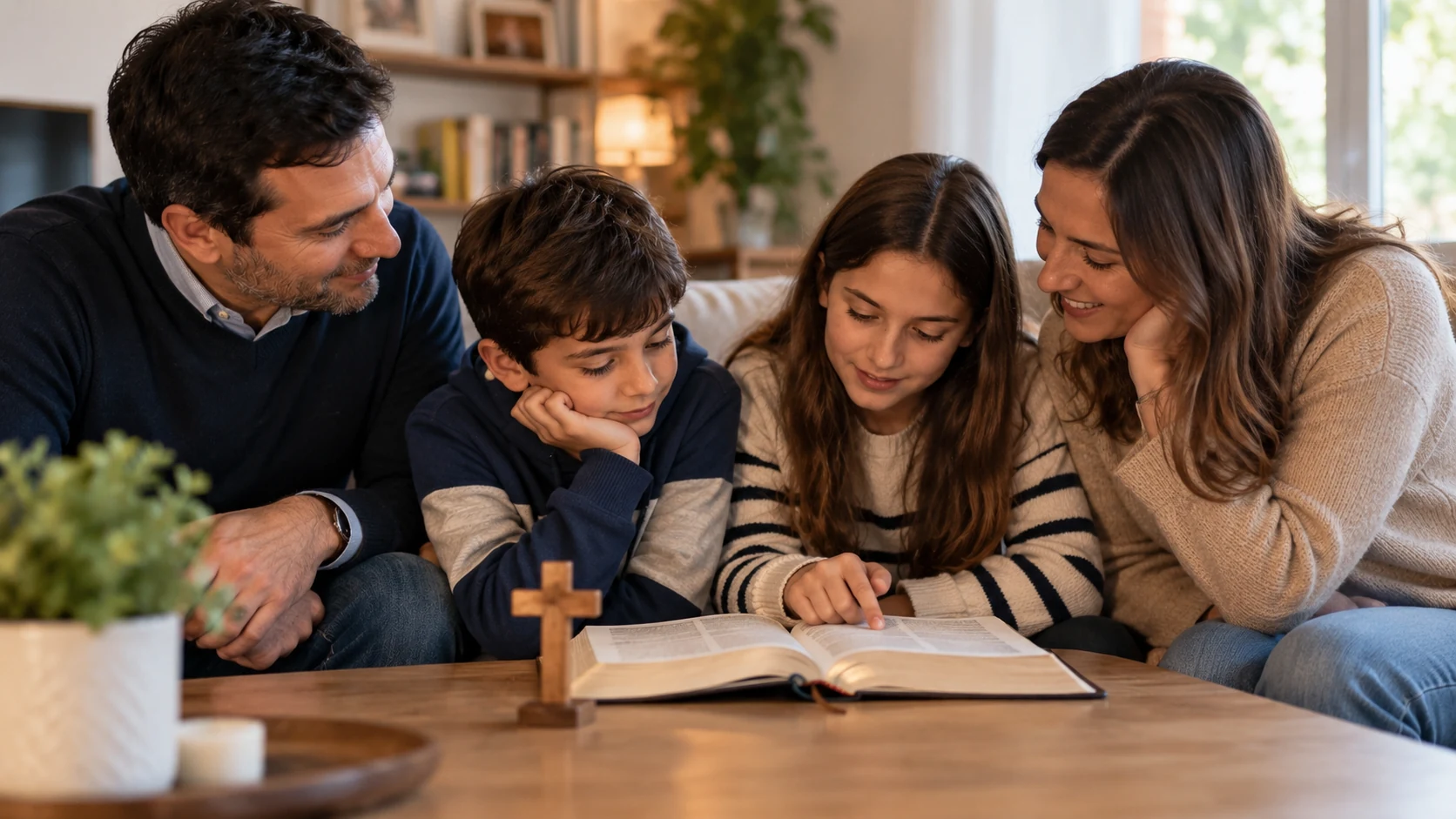 Família reunida em casa num momento de leitura e partilha da fé